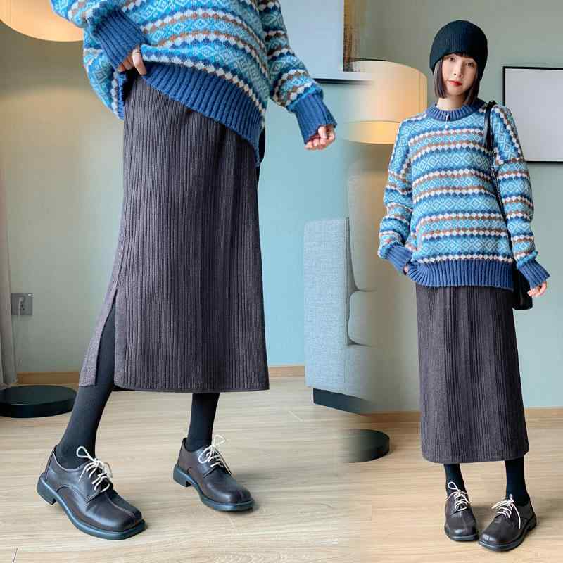 スカート レディース 秋冬 妊婦用 ニット ロング丈 産前産後 マタニティ ゆったり 大きいサイズ 体型カバー お腹周りカバー 細見え 伸縮性 柔らか素材 無地 シンプル カジュアル 通勤用 普段使い 切り替え リブ編み 膝下丈 ミモレ丈 スリット入り