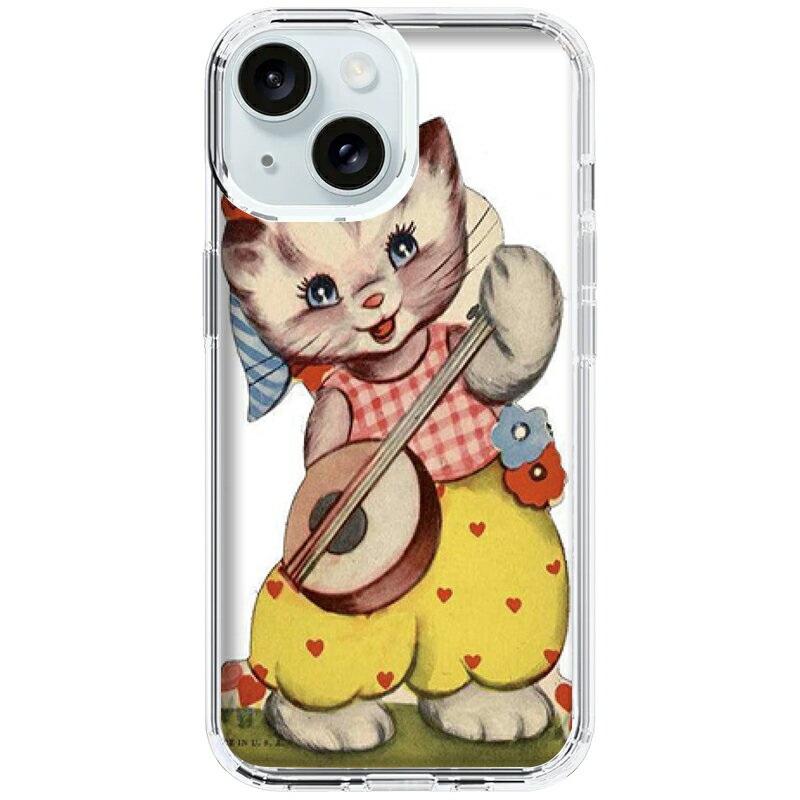 Apple iPhone 15 専用スマホケース ガーリーキャラクターアンティーク調猫 ネコ 音楽 演奏 花 ラブ ハート