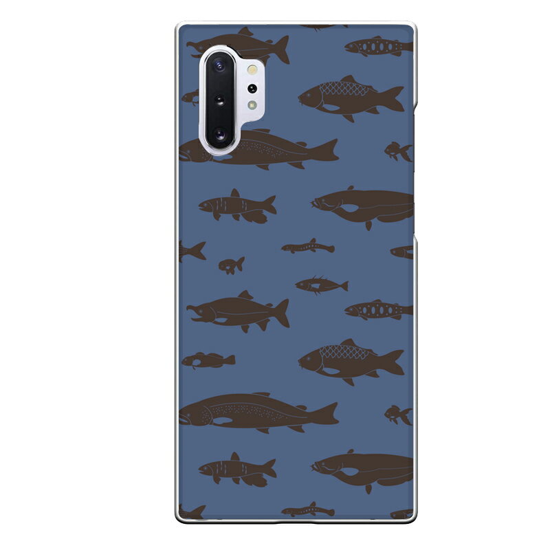 Galaxy Note10+専用 淡水魚 ナマズ パターン 紺色 可愛い 魚 鮎 鮭 ニジマス 鯉 金魚 ドジョウ シルエット 水族館 生き物