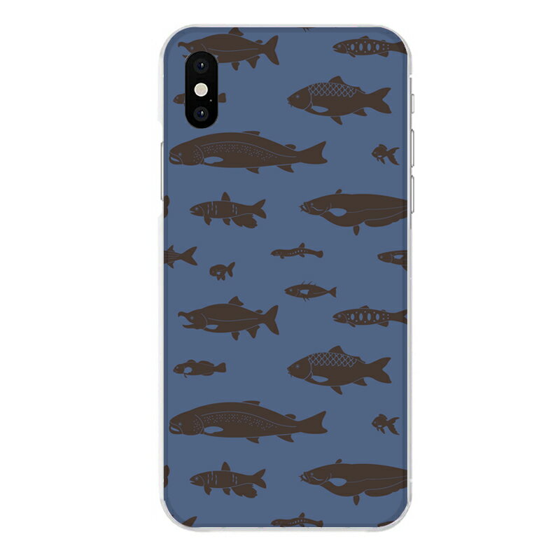 iPhone XR専用 淡水魚 ナマズ パターン 紺色 可愛い 魚 鮎 鮭 ニジマス 鯉 金魚 ドジョウ シルエット 水族館 生き物