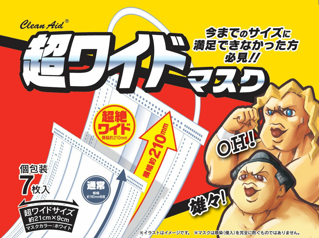 マスク 不織布 1000円ポッキリ でかい LL サイズ 3L 大きい 男性用 女性用 男女兼用 耳痛くない 使い捨て アズフィット クリーンエイド 超ワイドマスク 7枚 個包装×2パック ポイント消化 送料無料