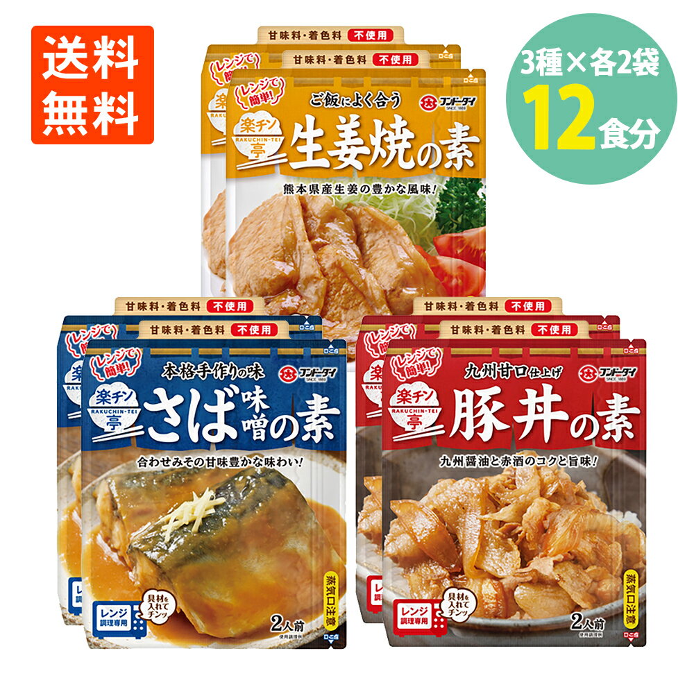 楽チン亭 生姜焼の素・豚丼の素・さば味噌の素3種×各2袋 計6袋(12食分) わけあり 賞味期限24.8月 フンドーダイ 送料無料 メール便 電子レンジ 簡単 時短 おかず お弁当 さば味噌 生姜焼きのたれ ぶた丼 ソース たれ タレ レンジ おいしい 調味料 甘味料 着色料 不使用