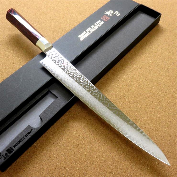 関の刃物 筋引き包丁 27cm (270mm) MCUSTA ZANMAI 三昧 シュープリーム 槌目 ダマスカス33層鋼 芯金VG-10 ステンレススチール 赤合板ハンドル 最高級 枝肉の解体や刺身 ハムなどスライスする細めで刃渡りの長い両刃包丁 国産日本製