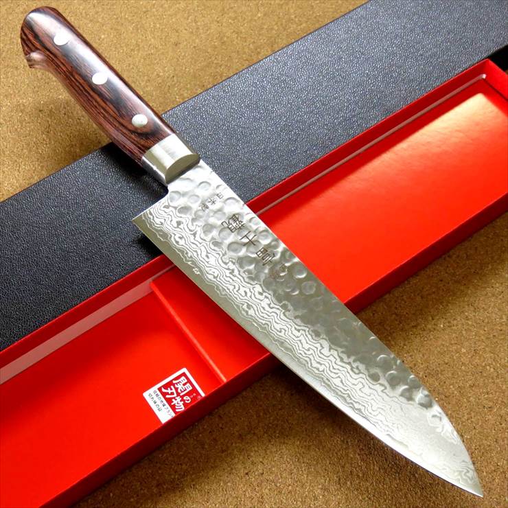 関の刃物 牛刀 18cm (180mm) 富士觀 鎚目鍛造 ダマスカス VG-10 (V金10号 ステンレス) 口金付マホガニー合板ハンドル 職人用の洋包丁 精肉の仕分け 魚の処理 野菜切り パン切りなど様々な用途に使いやすい多種多様な両刃万能包丁 国産日本製