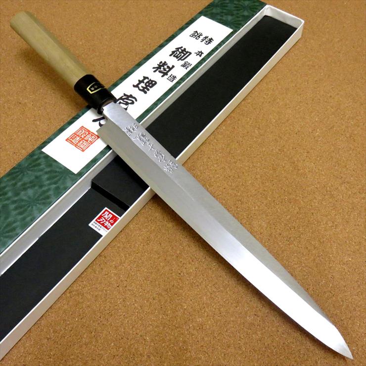 関の刃物 柳刃包丁 26.5cm (265mm) 富士觀 炭素鋼 複合材 (白紙3号・軟鉄) 朴の木ハンドル 本水牛角口金 職人用 刺身を一方向にのみ引き切ることができるように作られた刃渡りが長めの片刃包丁 右利き用 国産日本製