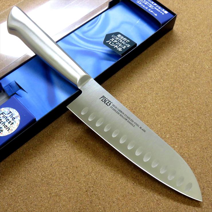 関の刃物 ディンプル三徳包丁 17cm (170mm) PISCES (パイシーズ) モリブデンステンレス刃物鋼 衛生的でいつまでもキレイなステンレス一体型ハンドル 切離れを良くするディンプル仕様 家庭用 肉切り 魚の処理 野菜切りなど多種多様な両刃万能包丁 右利き用文化包丁 国産日本製