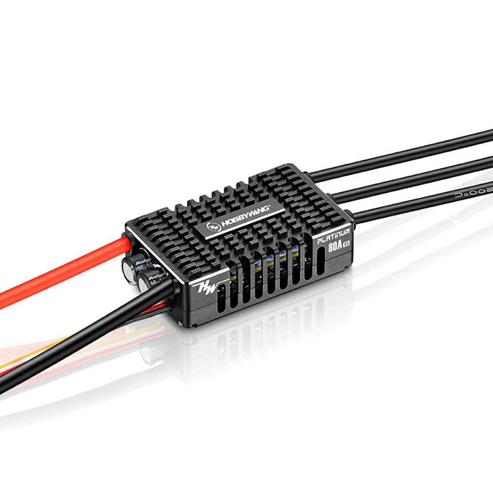 【バリエーション】 80A-V5 120A-V5 【製品紹介】 【スペック】 Product Name Platinum 80A V5 Product Number 30203201 Type Brushed/Brushless BL High Voltage/Regular Regular Specifications Cont./Peak Current 80A/120A Input Voltage 3-8S Lipo BEC Output Switch Mode：5-12V & Cont. 8A，Peak 20A Wires & Connectors Input Wires Red-12AWG-100mm*1/Black-12AWG-100mm*1 Output Wires Black-14AWG-100mm*3 Input Connectors No Output Connecotors 3.5mm Gold Connectors (Female) ESC Programing via Transmitter Not Support LED Program Card Not Support LED Program Box Not Support LCD Program Box Supported OTA Programmer Supported Program Port Separate Program Port Firmware Firmware Upgrade Supported Telemetry Function Mikado VBar；Futaba S.Bus2；etc. Size & Weight Size 60.5*33*17.6mm (without fan) Weight 77.5g (with wires, no fan) Application scope 325-420 class electric helicopter (main blade length 325-420mm),or fixed-wing ※記載の数値に誤差が生じる場合があります。 ※製品の仕様は予告なく変更になる場合があります。 【セット内容】 ●HOBBYWING PLATINUM 80A-V5 × 1 【HOBBYWING PLATINUM 80A-V5 マニュアル】