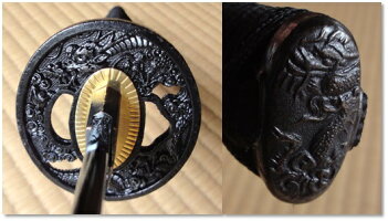 ◆難有り品◆美術刀剣小刀黒鞘黒呂塗り乱れ刃/鎬(しのぎ)プラサメ皮黒紐巻【H】