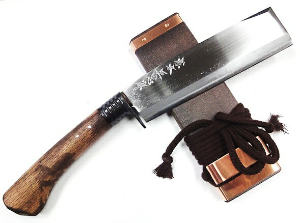 ◆難有り品◆松本正忠作腰鉈 片刃 巾広6寸 180mm樫塗り柄 青紙鋼割込木鞘付き【4-3-10018093】