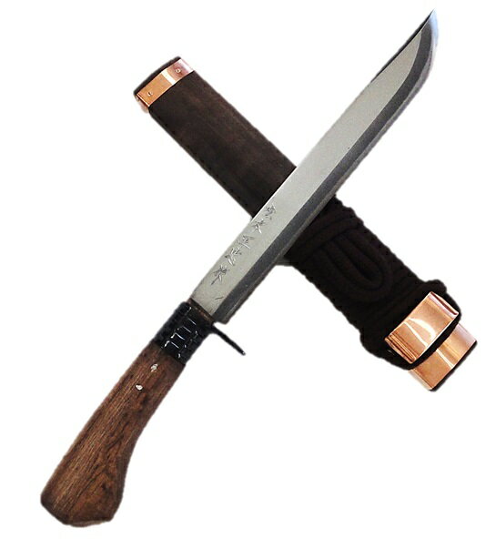 松本正忠作細身　剣鉈　両刃8寸　240mm　28mm巾シノギ有り　茶柄　青紙鋼割込木鞘付き【10016256】