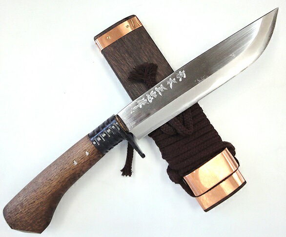 松本正忠作剣鉈　両刃6寸　180mm　35mm巾先フ型　茶柄　青紙鋼割込木鞘付き【4-4-10016216】