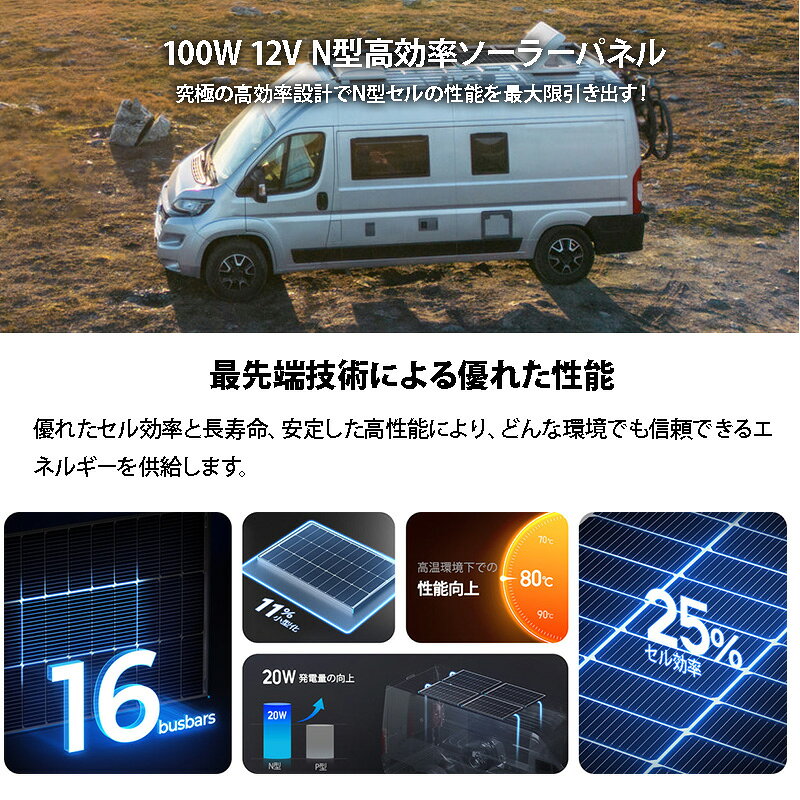 最新テクノロジー 25%発電効率 100W 12V N型高効率 ソーラーパネル 865x578x30mm ...
