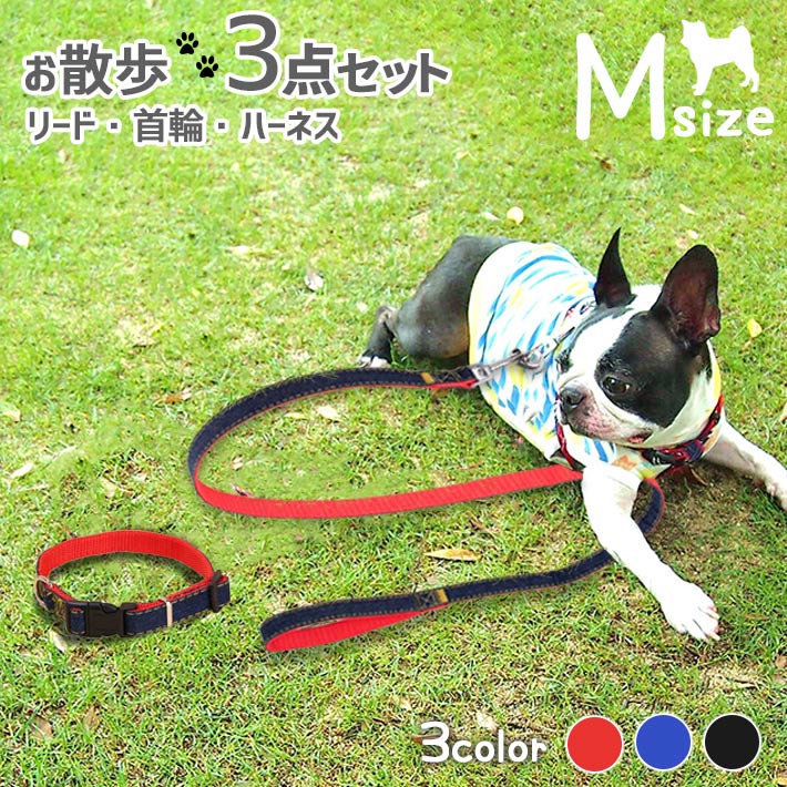 リード ハーネス 首輪 お散歩3点 セット Mサイズ 中型犬用 【全3色】ペット用 かわいいデニム 適応体重12Kg以下