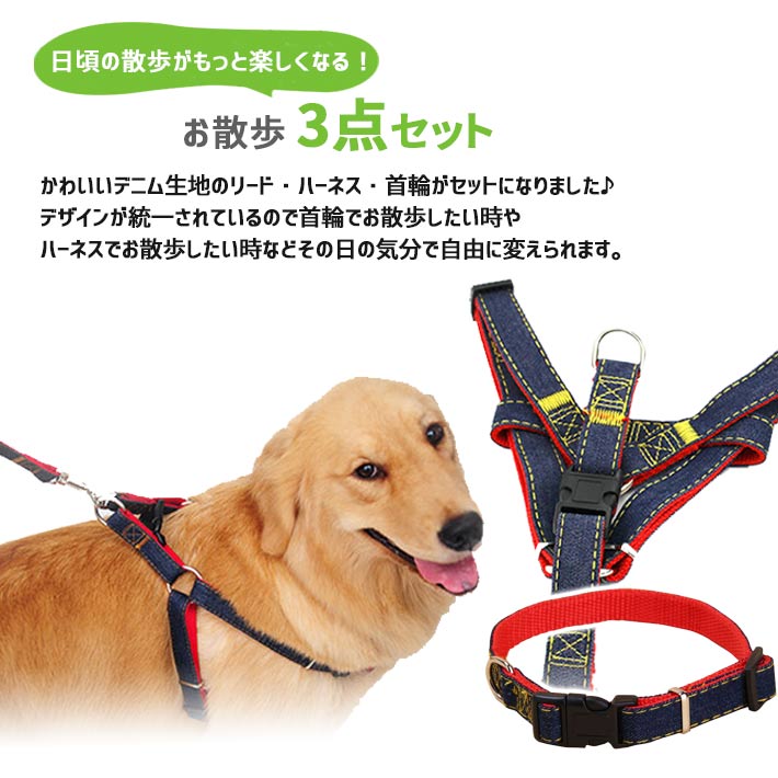 リード ハーネス 首輪 お散歩3点 セット Sサイズ 小型犬用 【全3色】ペット用 かわいいデニム 適応体重5Kg以下