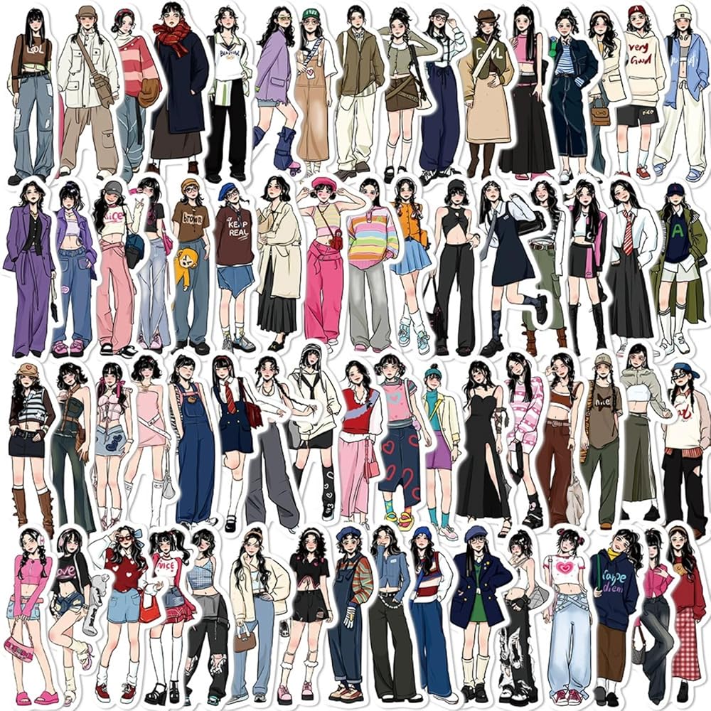 Y2Kファッション フレークシール 65枚セット 女の子 イラストステッカー コラージュ素材 手帳・日記・..