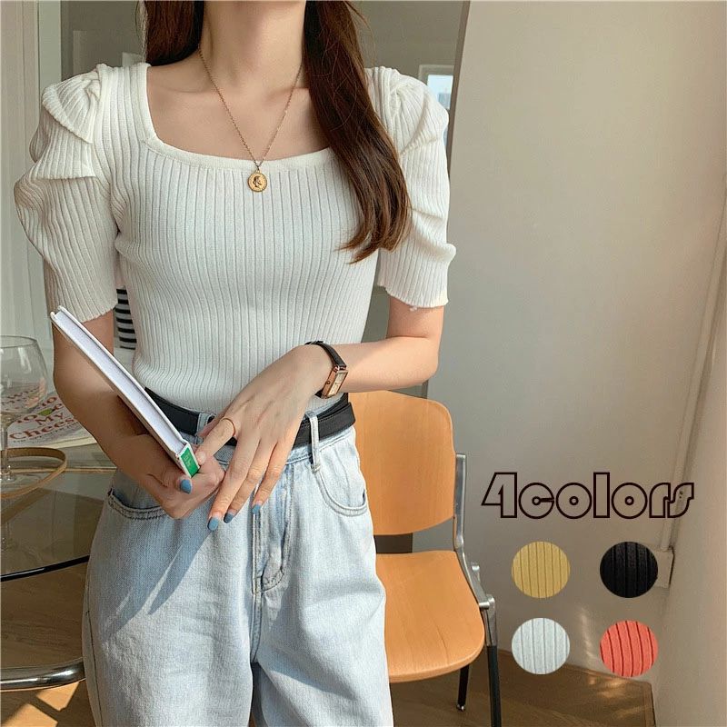 【新発売限定記念価格！】トップス レディース 春 夏 リブニット サマーニット スクエアネック 半袖 五分袖 リブ ボリューム袖 ギャザー ボーダー 二の腕カバー パワショル パワーショルダーのサムネイル