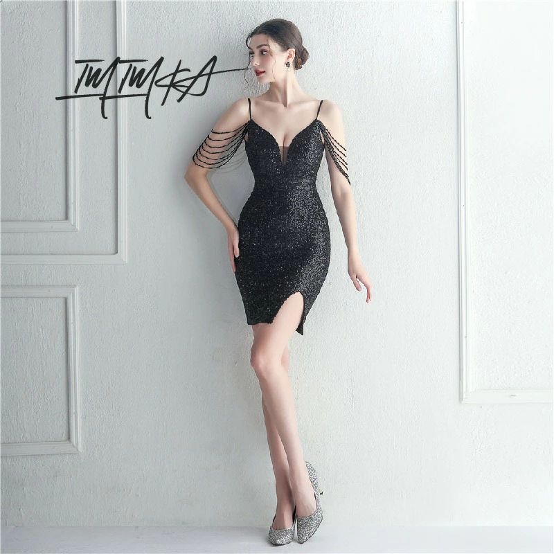 【新発売限定記念価格！】パーティードレス キラキラ フリンジ キャミソール 高級感 ワンピース Vネック キャバ嬢 タイト 着痩せ セクシー 膝丈 エレガント かわいい きれいめ 華やか 大人 演奏会 二次会 お呼ばれ 発表会 披露宴 イブニングドレス