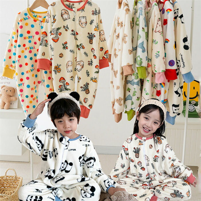 【クーポン最大1000円OFF!】ロンパース 前開き 長袖 女の子 男の子 冬 もこもこ つなぎ パジャマ キッズ ベビー 総柄 ファスナー つなぎ パジャマ ...