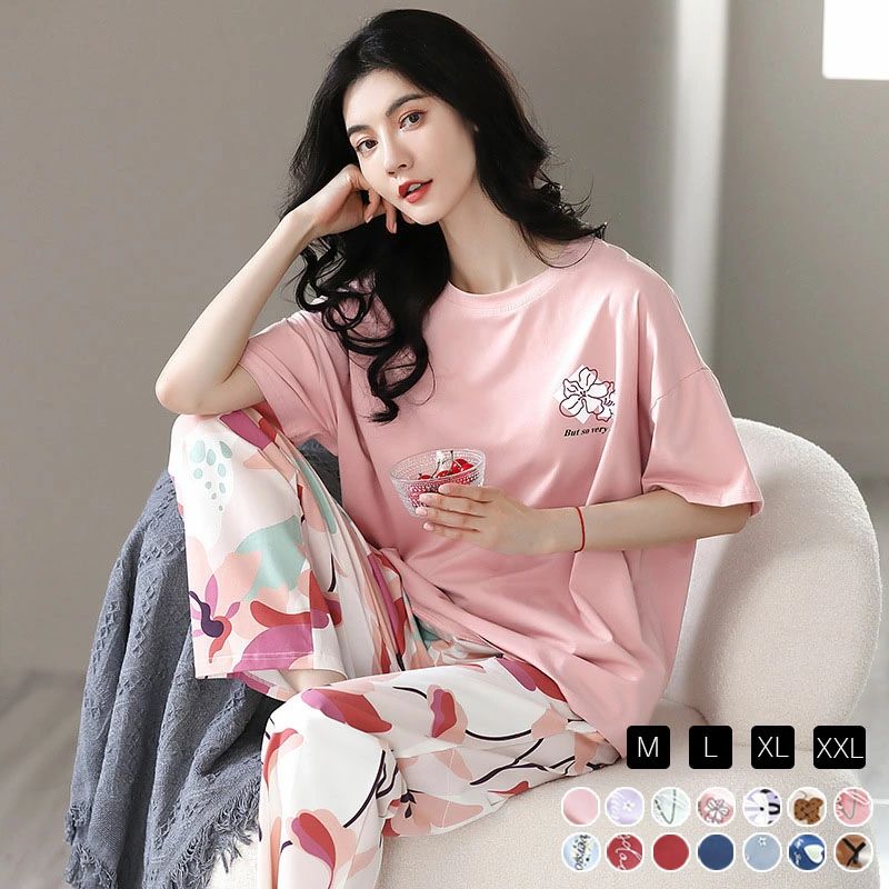 ルームウェア レディース 可愛い 外出 パジャマ 寝巻 大きいサイズ ナイトウェア セットアップ トップス パンツ シンプル ガーリー フェミニン エレガント 可愛い お洒落 薄手 ゆったり部屋着 半袖 長ズボン 2点セット