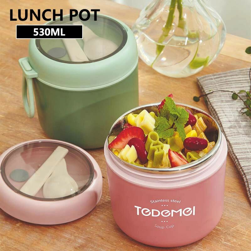 スープジャー 530mL 保温 保冷 ステンレスボトル 持ち手付き 携帯 スプーン付き 温かい弁当 洗いやすい かわいい 女の子 男の子 お弁当 アウトドア フードポット 水筒