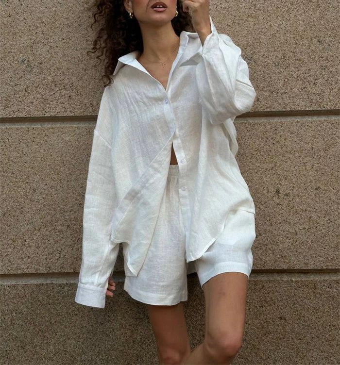 【店長おすすめ】2点セット 綿100％ レディース 春夏 パンツスーツ ショートパンツ ワイドパンツ ショート丈 コットン セットアップ 無地 ゆったり 体型カバー おしゃれ 着・せ 通勤OL フォーマル カジュアル シンプル 楽ちん カーディガン 長袖 羽織り 綿