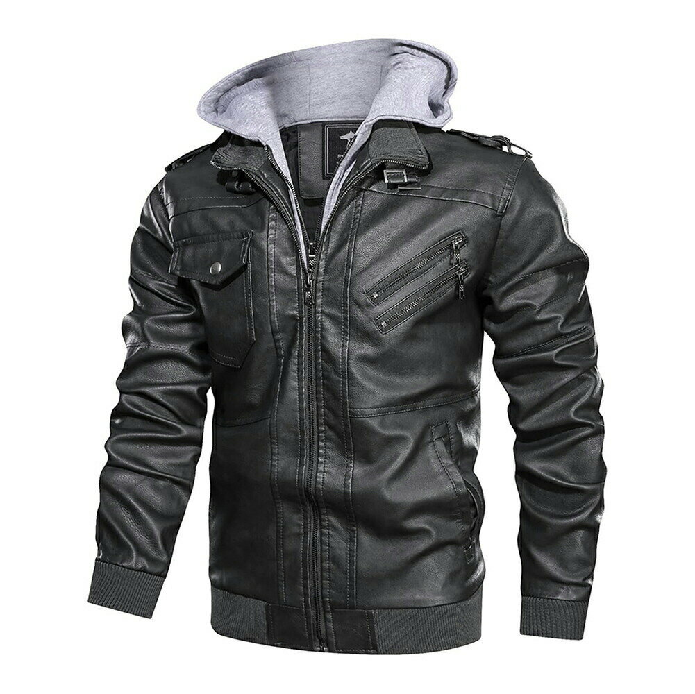 【5880円→実質5292円 8%COUPON+P2倍!11/27 01:59まで】レザージャケット メンズ用 革ジャケット 防寒防風 アウターコート PU革ジャン フード付き 防水 フェイクレザー 春秋冬向け バイクジャケット レザーパーカー 長袖
