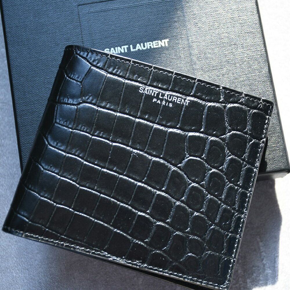SAINT LAURENT サンローラン 二つ折り財布 財布 クラシック EAST/WEST クロコエンボス 2つ折り財布 396307 DZEDE BLACK ブラック 黒 シンプル ロゴ 無地 レザー メンズ 折りたたみ ミニ財布 コンパクト財布 プレゼント