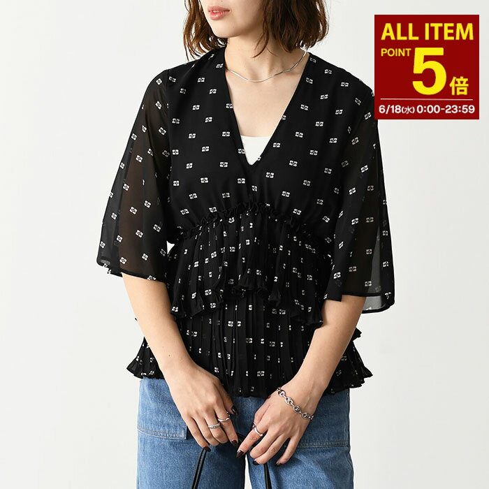 P5ܡGANNI ˡ ȥåץ ץ꡼ 硼å Vͥå Pleated Georgette V-neck ե֥饦 F8833 ǥ ֥å ݥꥨƥ ʬ sp_t