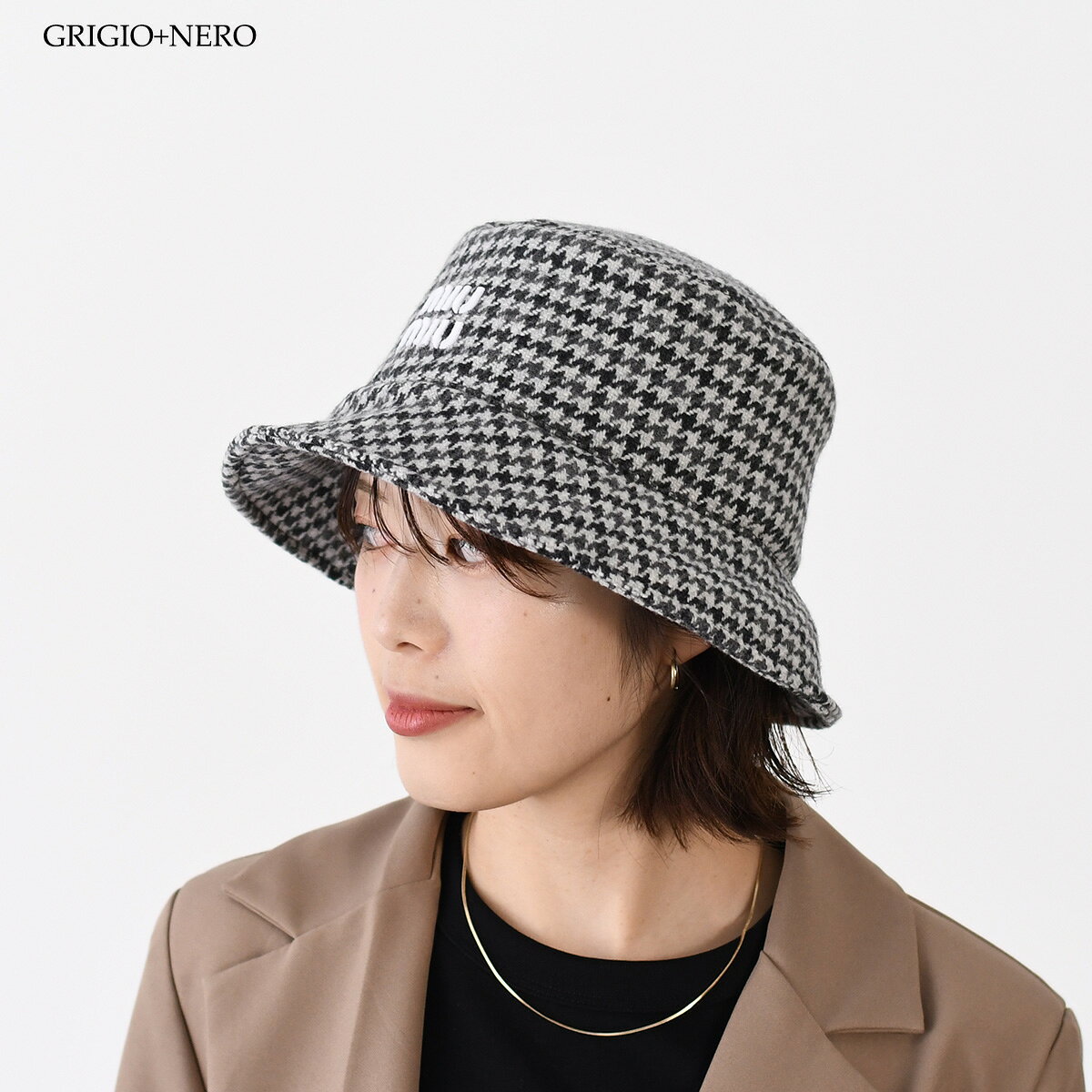 MIU MIU ミュウ ミュウ 帽子 バケハ バケットハット 5HC196 2F87 レディース グレー ブラック ウール ロゴ刺しゅう 千鳥格子柄 チェック ブランド フロントロゴ サイズ交換可能 select-felice2017-10006074 セレクトショップFELICE サンプル画像2