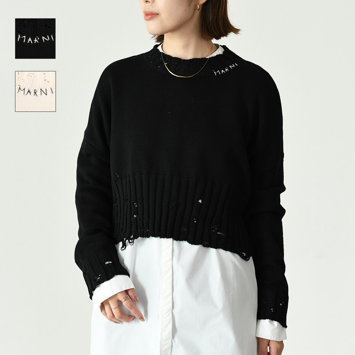 【全品P10倍&2人に1人全額ポイントバックのチャンス】MARNI マルニ ニット セーター GCMD0276A1 UFC652 クロップドセーター レディース ブラック ホワイト 秋冬 長袖 ダメージ ショート丈 カジュアルのサムネイル