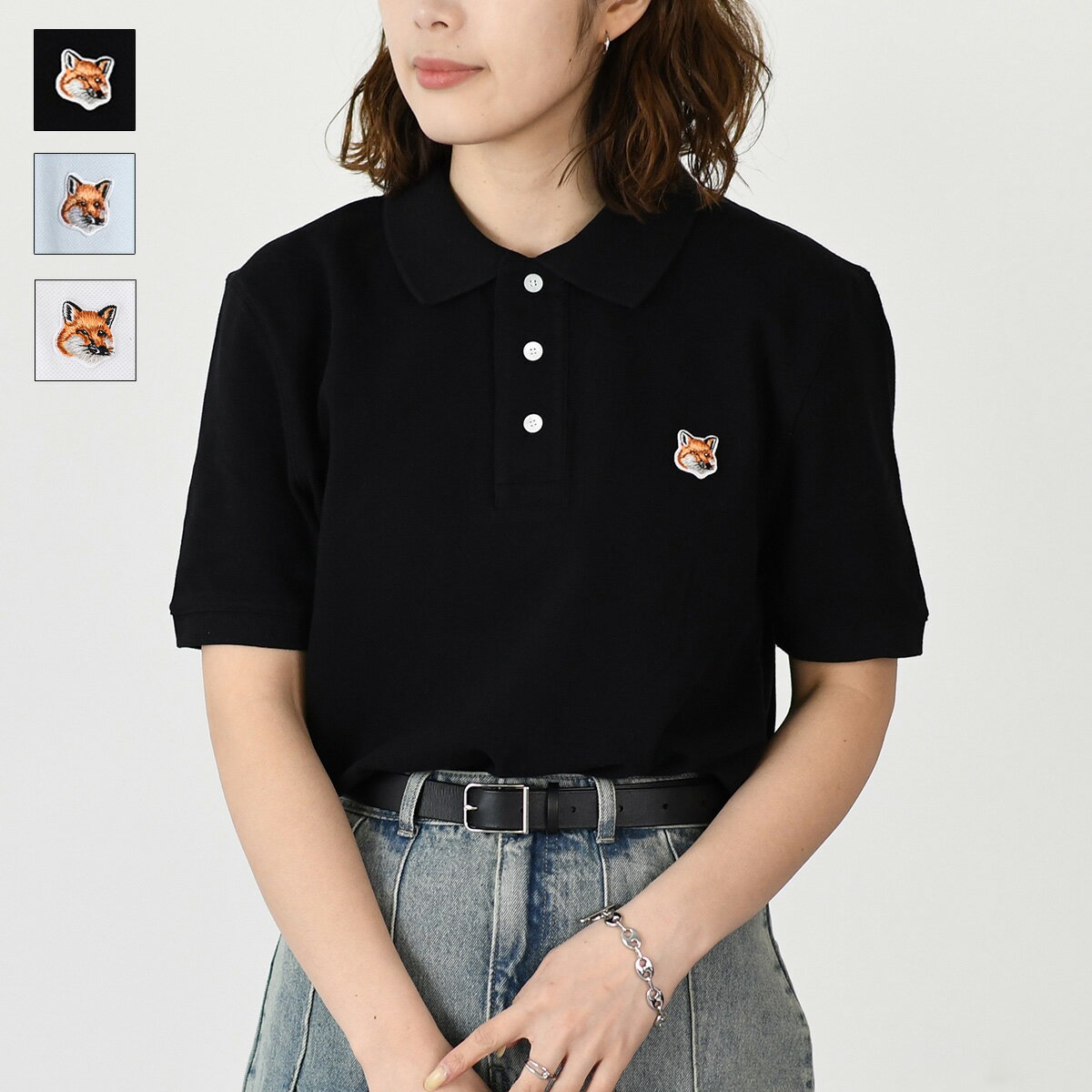 MAISON KITSUNE メゾン キツネ トップス フォックスヘッド パッチ レギュラー ポロ LM00208KJ7002 レディース ユニセックス ブルー ブラック ホワイト ポロシャツ 刺しゅう ロゴ