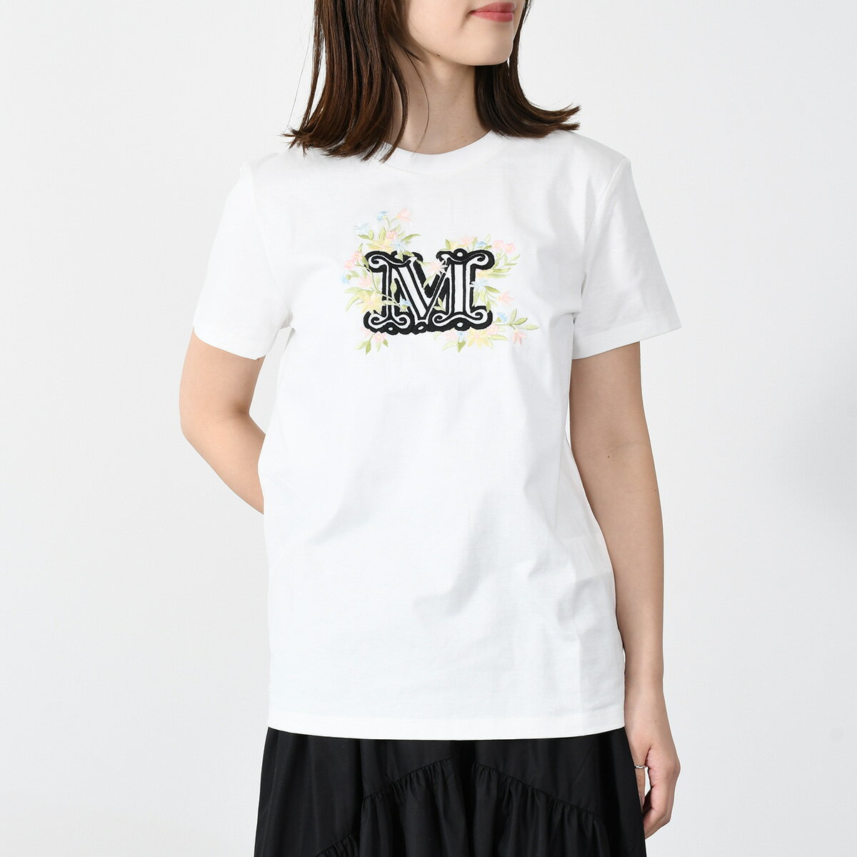 Max Mara マックスマーラ トップス Tシャツ TSHIRT SACHA フロントロゴ刺繍入りTシャツ レディース ホワイト 白 ブラック ロゴ クルーネック 半袖 春 夏 人気 おすすめ tshirtcp