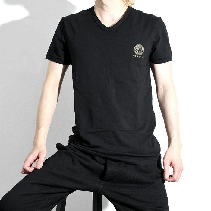 【P5倍&2人に1人全額ポイントバックのチャンス！】VERSACE ヴェルサーチェ Tシャツ Vネック コットン AUU01004 A232741 ベルサーチ アンダーシャツ シンプル ロゴT WHITE ロゴ 白 メンズ 人気 プレゼント ギフト オススメ