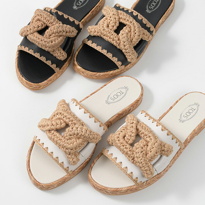【P10倍&6/5限定2人に1人最大全額ポイントバック】TOD'S トッズ サンダル 靴 ケイト レザー ラフィアサンダル XXW17K0GR40MID レディース WHITE ホワイト BLACK ブラック クロッシェ フラットサンダル チェーンのサムネイル