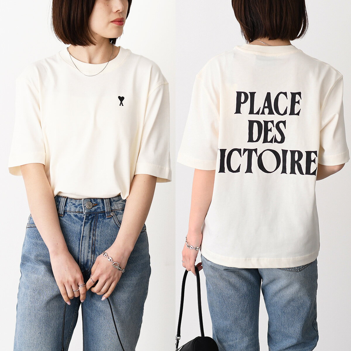 AMI PARIS アミパリス Tシャツ トップス Place Des Victoires プリント ヘビーコットンジャージー AMI ALEXANDRE MATTIUSSI AMI DE COEUR UTS387 726 レディース ユニセックス ホワイト ボクシーフィット 0317snscp otocas ブランド