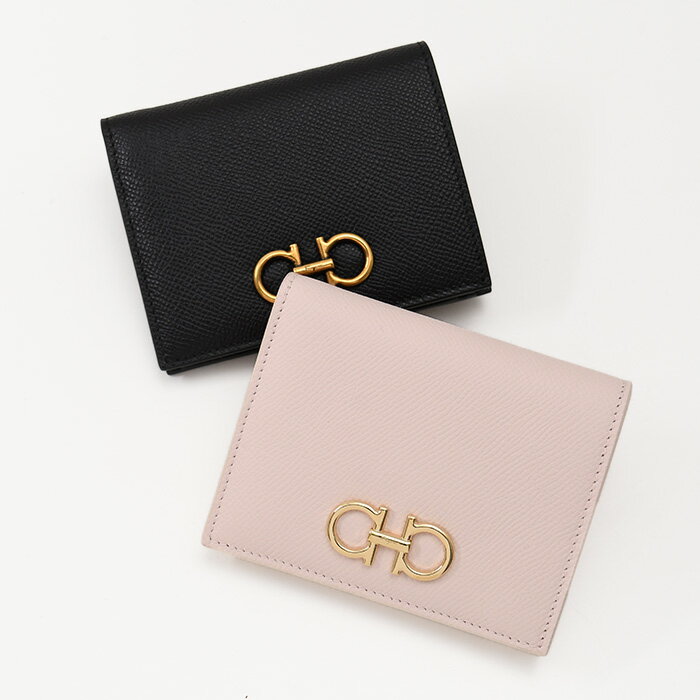 FERRAGAMO フェラガモ ウォレット 財布 22D780 726512 787032 ダブルガンチーニ 二つ折り財布 レディース ブラック ピンク ロゴ