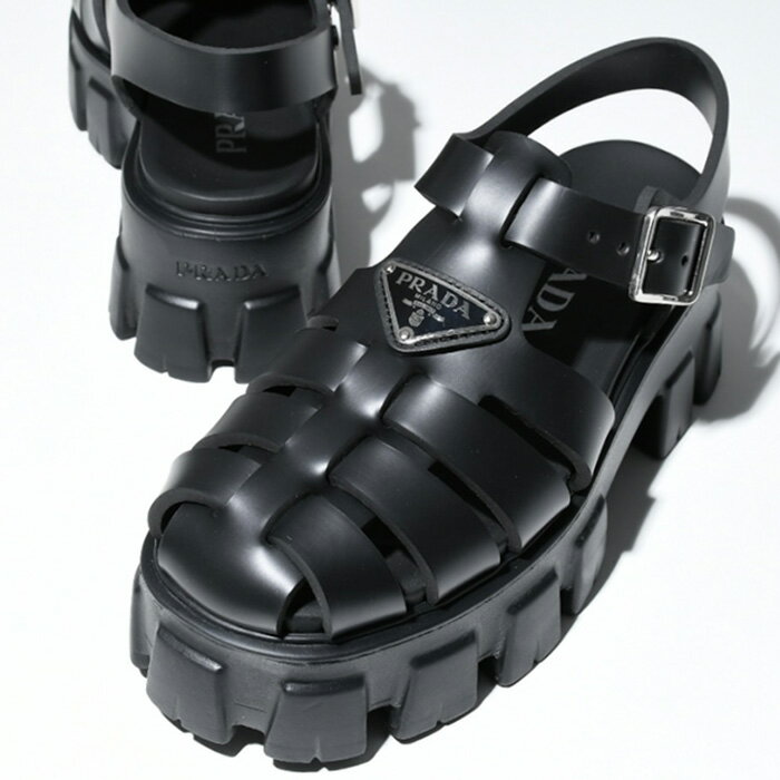 【4日間限定！最大2000円OFFクーポン配布中】PRADA プラダ サンダル 靴 フォームラバーサンダル 1X853M 3LKK レディース BLACK ブラック モノリス トライアングル ラバー ロゴ 厚底 ストラップ 春夏 人気 おすすめ ギフト プレゼント【新着商品】のサムネイル