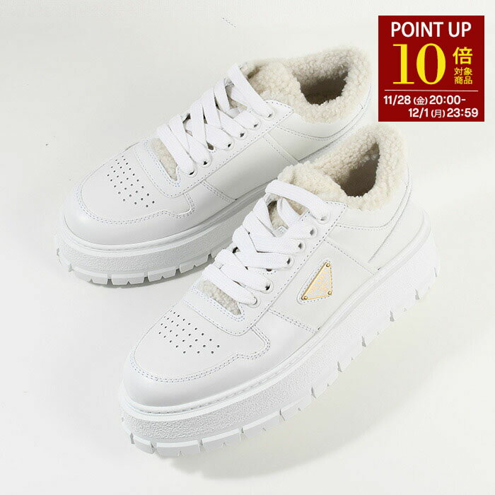 【P10倍対象商品】PRADA プラダ 靴 シューズ スニーカー レザーxシアリング 1E947M 3LEN レディース BIANCO ホワイト レザー トライアングルロゴ コットンレースアップ スポーティ 冬のサムネイル