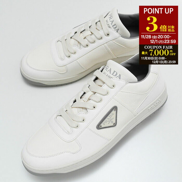 【P3倍対象＆クーポン】PRADA プラダ スニーカー シューズ 靴 ダウンタウンナッパレザースニーカー 2EE364 3LQK メンズ アイボリー 革 ロゴ 