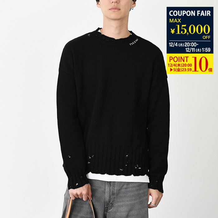 楽天セレクトショップFELICE【28H限定P10倍＆クーポン】MARNI マルニ セーター トップス ニット コットン製 ツイストクルーネックセーター GCMG0210A0 UFC652 メンズ ブラック 刺繍 長袖 ダメージ加工 モックネック 秋 冬