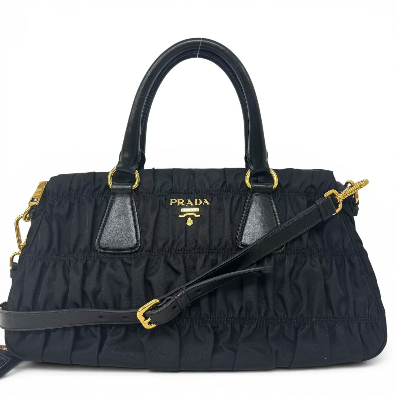 PRADA - PRADA プラダ ギャザー 2WAY ハンドバッグ ショルダーバッグ ナイロン レザー ブラック NERO レディース