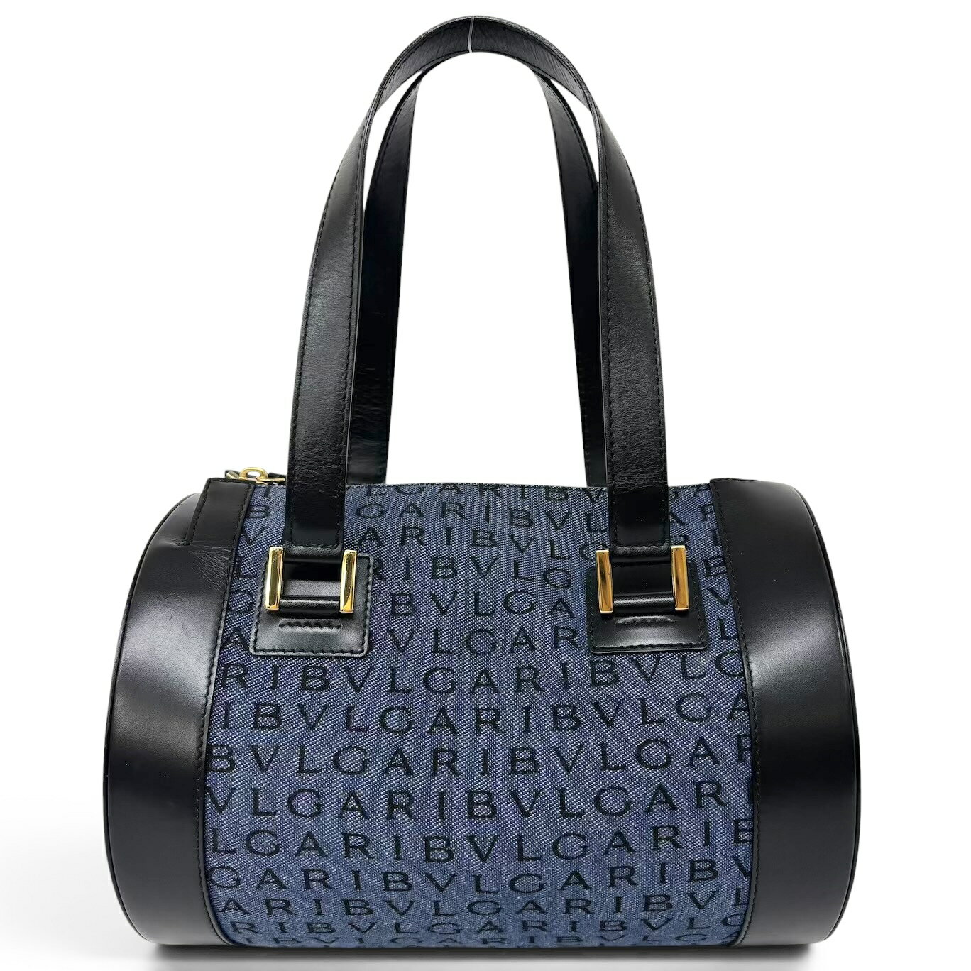 BVLGARI ブルガリ ロゴマニア ハンドバッグ 筒型 キャンバス デニム レザー ブルー ブラック レディース