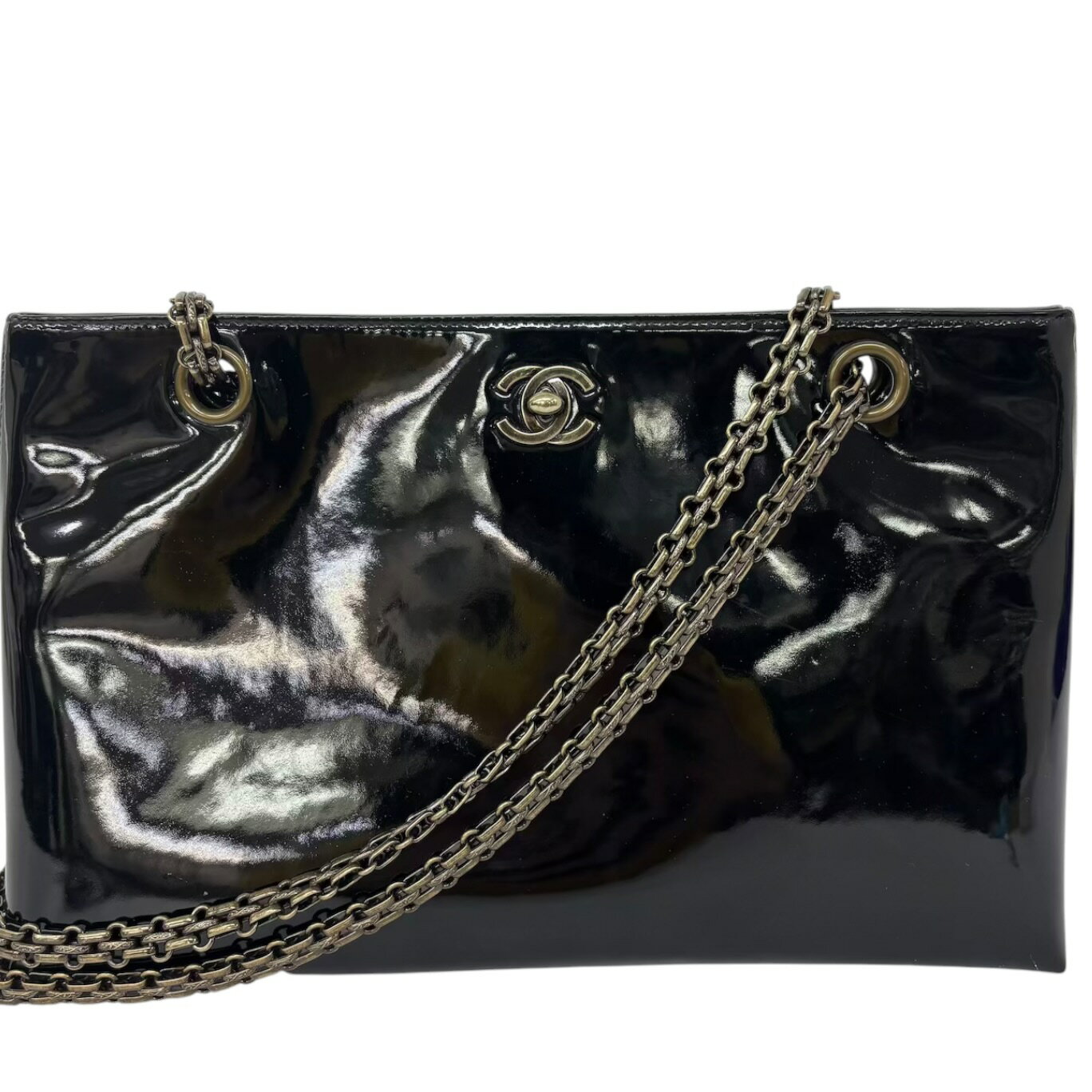 乐天商城 - CHANEL シャネル ココマーク チェーンショルダー チェーントート トートバッグ エナメル パテントレザー ブラック 6番台 レディース