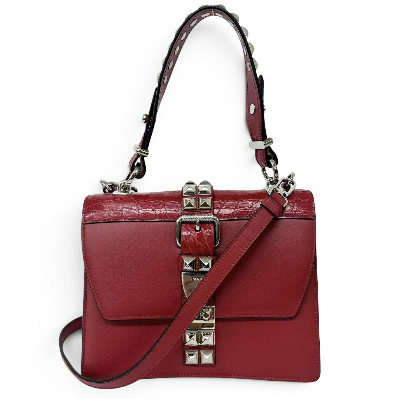 PRADA プラダ スタッズ トートバッグ 2WAY ショルダーバッグ サフィアーノ レザー レッド シルバー金具 レディース