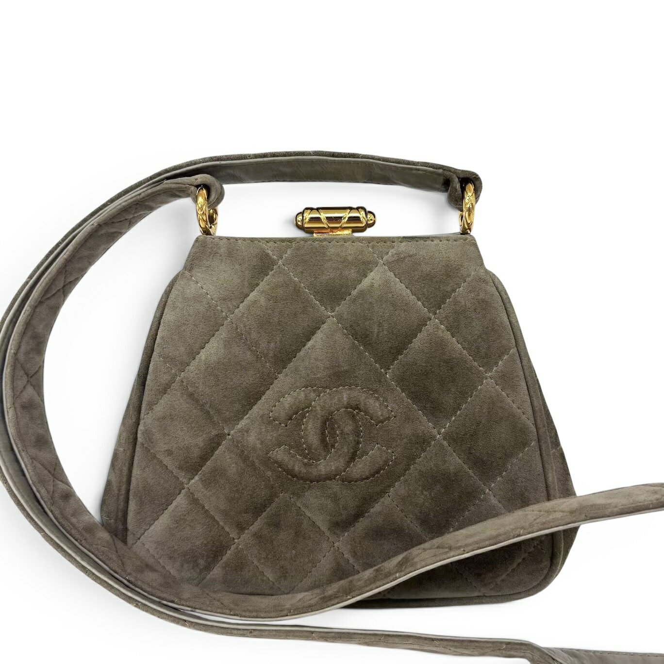 CHANEL シャネル マトラッセ スエード がま口 ハンドバッグ ココマーク カーキ レディース　ヴィンテージ