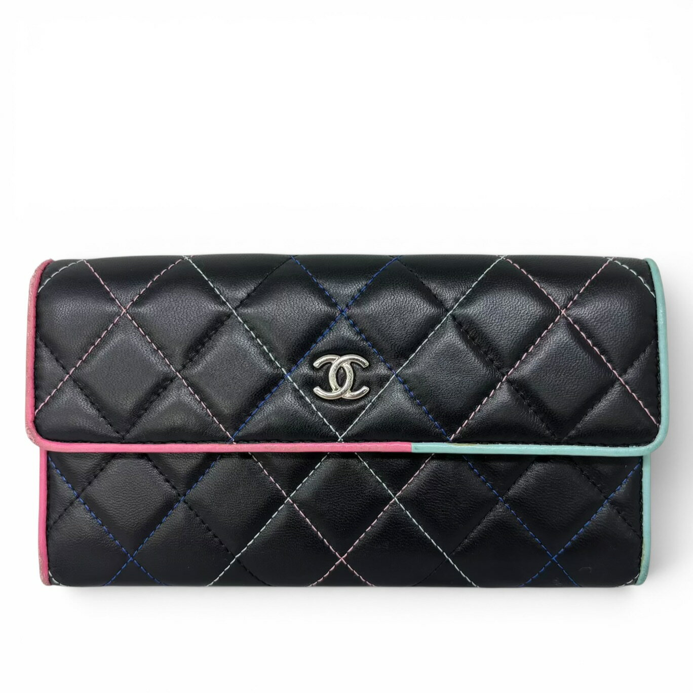 乐天商城 - CHANEL シャネル マトラッセ カラフルステッチ フラップ長財布 ブラック マルチカラー レディース
