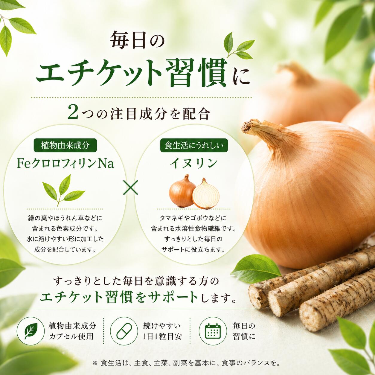 【選べるセット数】Feクロロフィル 30カプセル エチケットサプリ 身だしなみサポート 食物繊維 イヌリン配合 カプセルタイプ 健康補助食品 外出前 食事後 毎日の習慣に select-list-10002505 美とくらし サンプル画像2