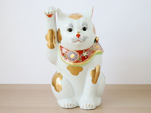 【在庫限りで終了です！】九谷焼 10号 招き猫 金ブチ ( 右手・左手 / 布団付 )【 九谷焼 招き猫 縁起物 金運 商売繁盛 白猫 】