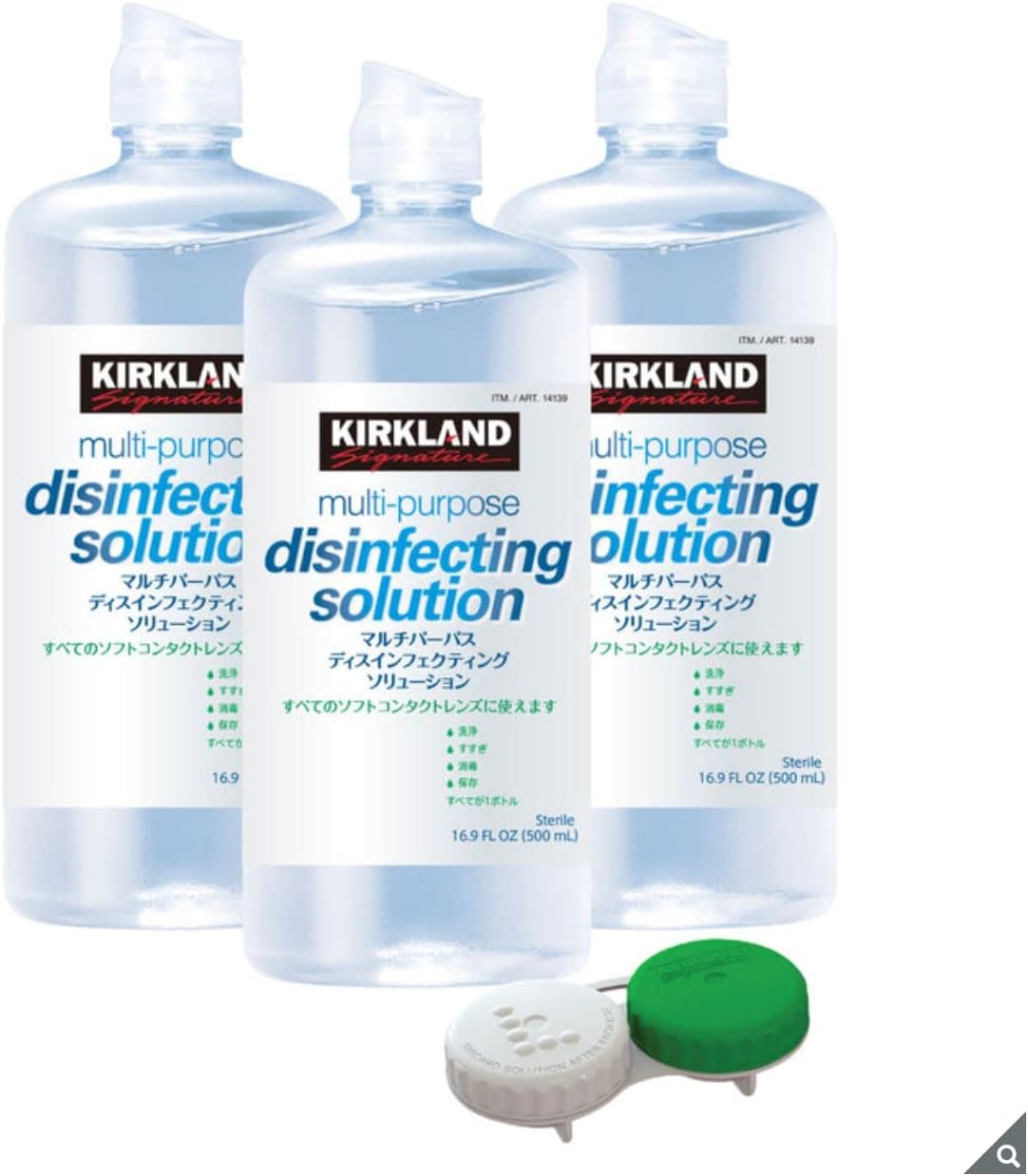 KIRKLAND カークランドシグネチャー ソフトコンタクトレンズ ソリューション 保存、すすぎ、洗浄、消毒液 500mlx3本入り 新品・未使用商品！全国送料無料！！ 本商品はカークランドシグネチャーマルチパーパス ディスインフェクティング ソリューション(販売名：レニュー)の500ml×3本セットの大容量のお得な商品です。さらに、本商品にはコンタクトレンズの保管用ケースが1つセットになっているので、洗浄・すすぎ・消毒・保存のすべてが可能です。ソフトレンズに繁殖する菌を消毒し、うるおいあるやさしいつけ心地を持続します。※グループI〜IVの全てのソフトコンタクトレンズに使用できます。【使用方法】1．使用前に石〓で手を良く洗ってください。2．レンズをてのひらにのせ、本剤を3~5滴落とし10秒間こすり洗いをしてください。これを両面で行ってください。3．レンズの両面を本剤でしっかりすすぎます。4．レンズケースにコンタクトレンズを入れ、しっかりとフタをして4時間以上放置してください。これで消毒が完了です。※使用上の注意をよくお読みのうえ正しくお使いください。メーカー KIRKLAND 　カークランドシグネチャー製品サイズ21 x 7 x 19 cm; 1.77 kg商品内容・500ml×3本・コンタクトレンズケース1個生産国 日本 5