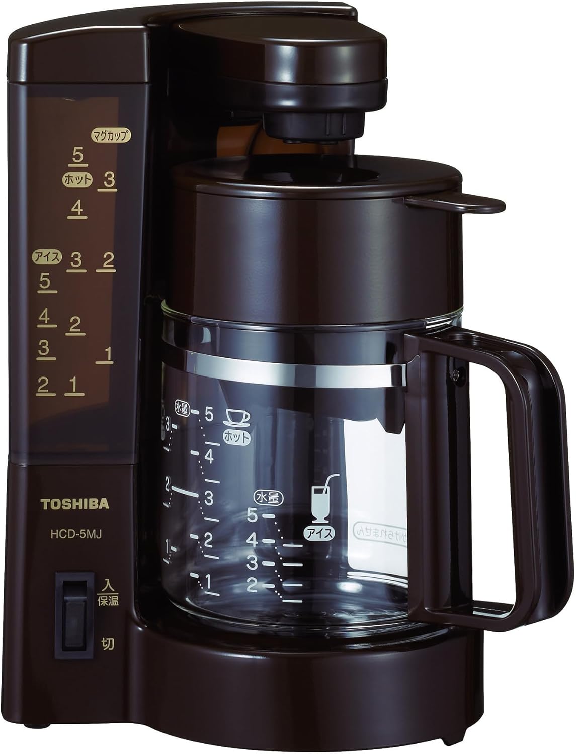 TOSHIBA コーヒーメーカー ブラウン HCD-5MJ(T) 新品・未使用商品！ ●本来コーヒーの美味しさを引き出す新機能「雑味カット フリフリセパレーター」コーヒーを挽いた際に発生する微粉末を、10秒手加減フリフリするだけで、簡単に除去。後はいつもと同じようにコーヒーを入れるだけで、コーヒー本来の旨味を楽しむことができます。●洗って繰り返し使える「ペーパーレスフィルター」洗って繰り返し使えるので、紙ゴミを発生させて経済的。環境にもやさしいこれからの専用フィルターです。●浄水フィルターカルキを約90％カットします。メーカー 東芝 TOSHIBA型番 HCD-5MJ-Tメーカー発売日 2007年09月16日カラー ブラウン サイズ（高さ×幅×奥行き）258×178×178mm本体重量 1.2kg容量(ドリップ時最大カップ数) 5～6杯抽出タイプ ドリップ式フィルタータイプ: ペーパー/メッシュサーバータイプ: ガラス着脱式タンク 無ミル : ミルなし使用するコーヒーの種類 : 挽き豆浄水機能 : 有コード長 1.2m消費電力 505W付属品 : 紙フィルター5枚、計量スプーン、セパレーター、ペーパーレスフィルター仕様1 消費電力 : 505W/最大カップ数 5杯（レギュラー）仕様2 おいしさ機能 : フリフリセパレーター、ペーパーレスフィルター、浄水フィルター、高温抽出（出口温度：約90℃）、自動保温仕様3 目盛り:〔ホット〕 5杯分 〔アイス〕 5杯分 〔マグカップ〕 4杯分清潔（食器洗い乾燥機対応）/ ドリッパー、ボトル蓋、ガラスボトル 5